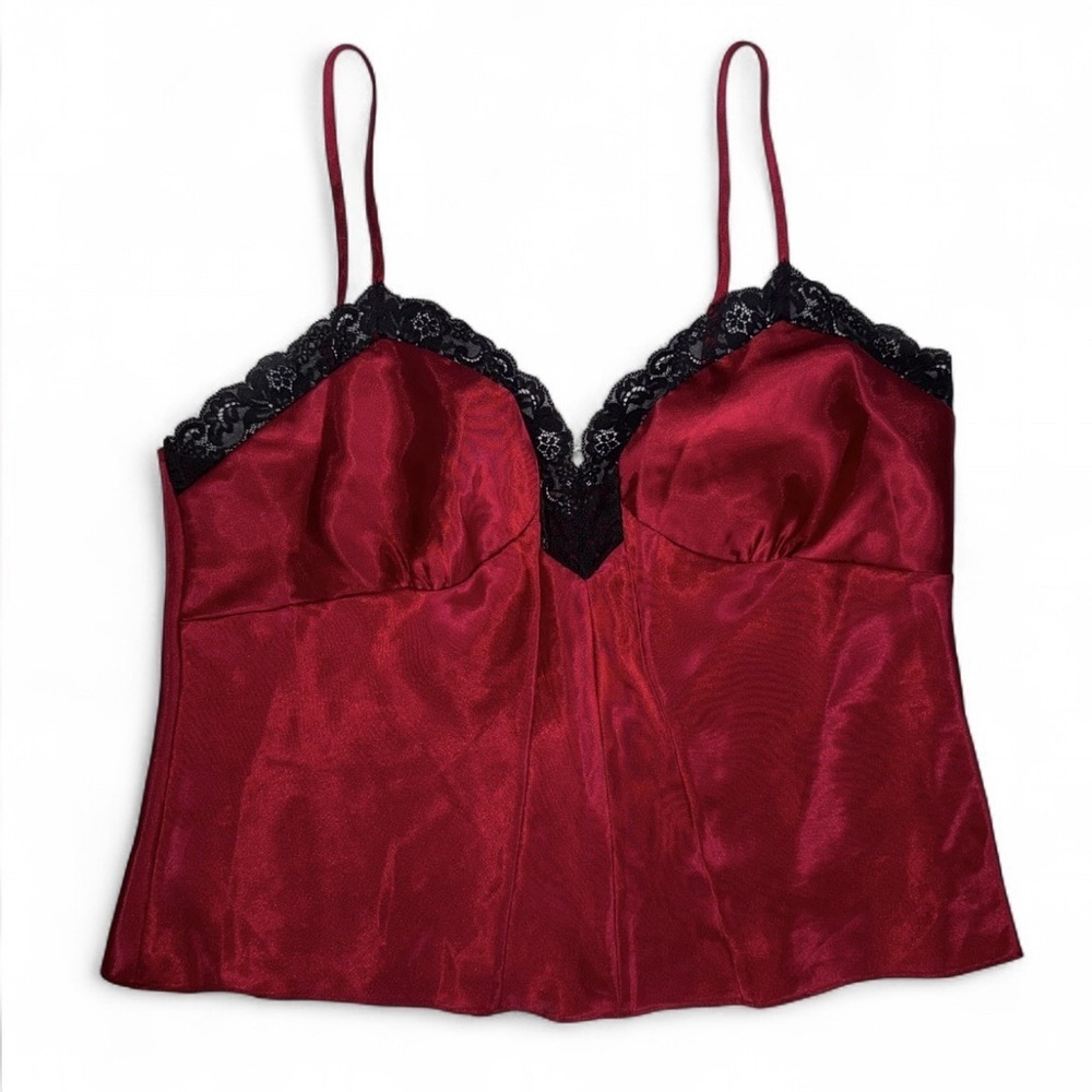 Victoria's Secret Red Satin Cami Top Womens Large Y2K Coquette Lace Trim 08/03